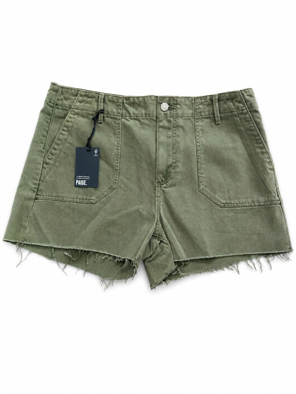 NWT PAIGE Utility Raw Hem Shorts Olive Green Size 32 - Picture 3 of 4